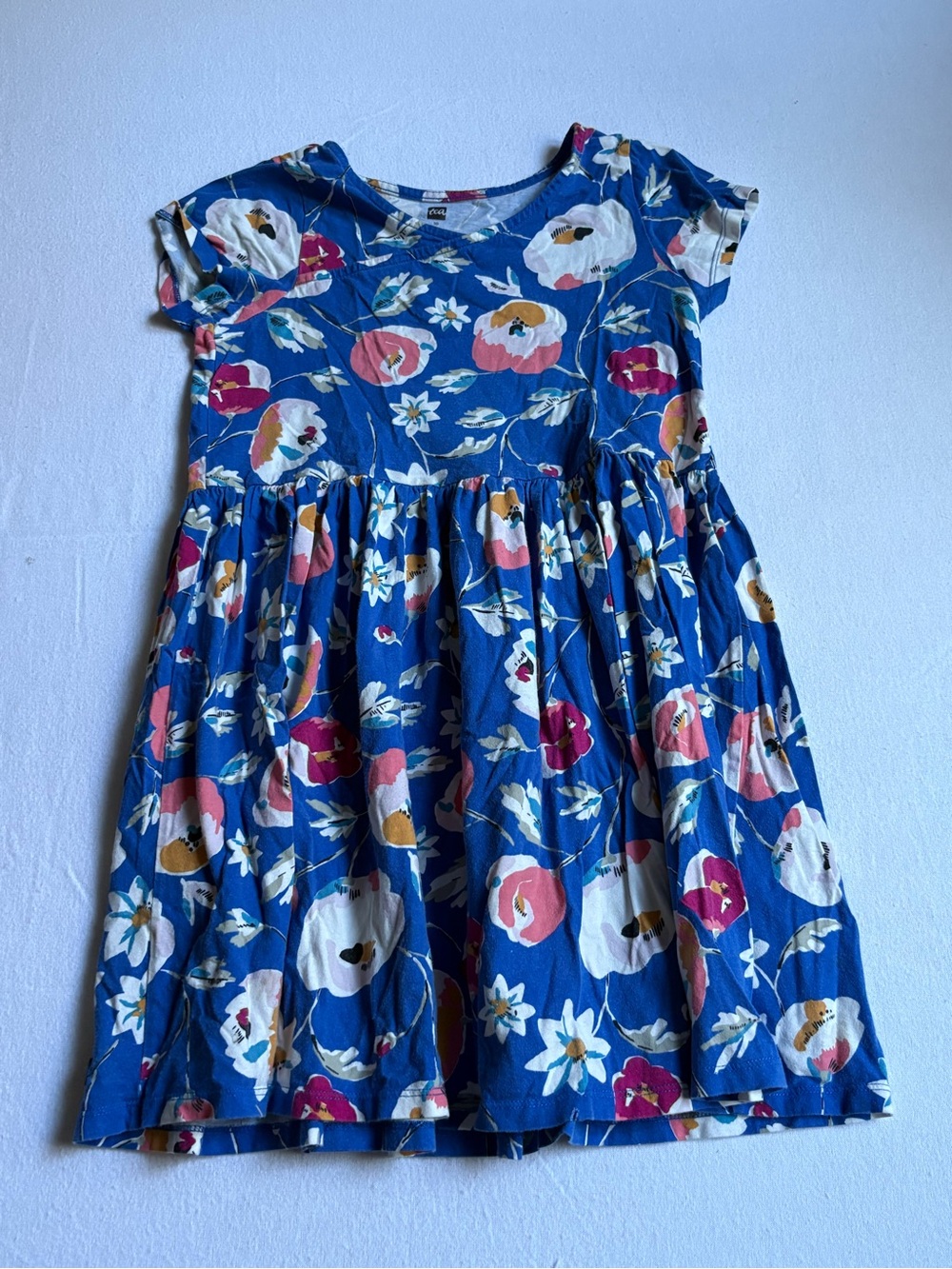 Tea Collection Blue Floral Short Sleeve Dress with Pink and White Blooms